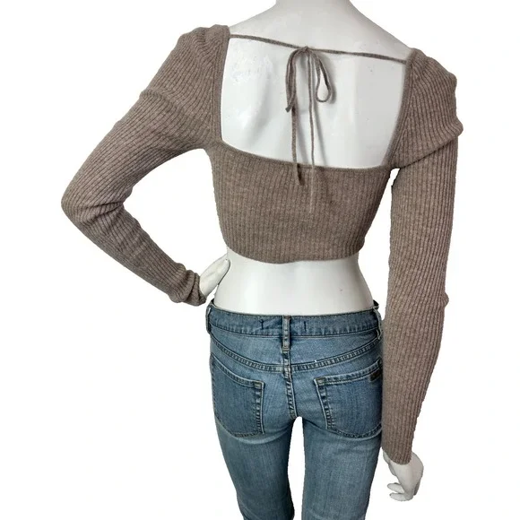 Reformation Aries Cashmere Sweater Women Size Small Oatmeal Cropped Tie Back L/S - Picture 3 of 10